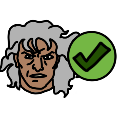 Magneto from X-Men, depicted as an older man with light brown skin and wavy grey hair, frowning. to the right is a green circle with a dark green checkmark in it